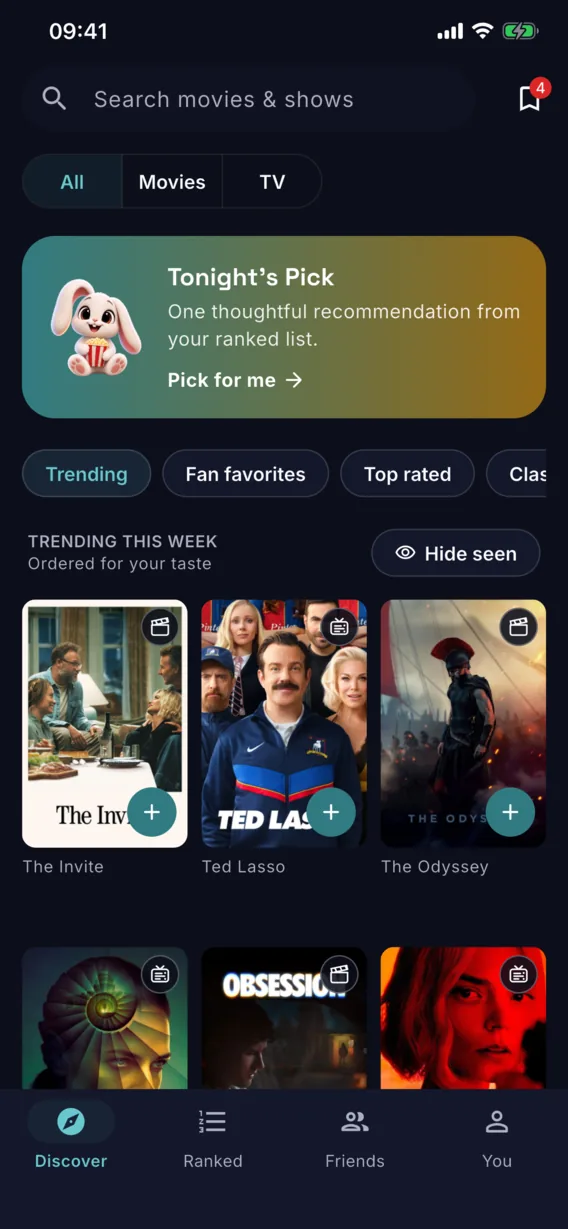 Bijou Discover screen showing personalized movie and TV picks