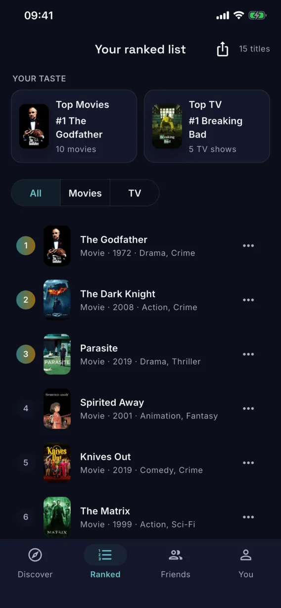 Bijou Ranked screen showing separate movie and TV lists